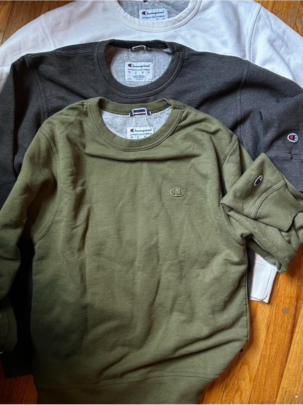 Champion Crewneck Sweatshirt in Olive and Charcoal bundle